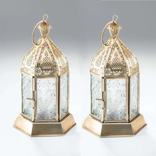 2PC Gold Iron & Textured Glass Tealight Lantern Moroccan Antique Brass Lantern