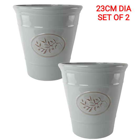 Set of 2 Olive Grey Plastic Plant Pot 23cm Gloss Tall 6L Round Garden Planter