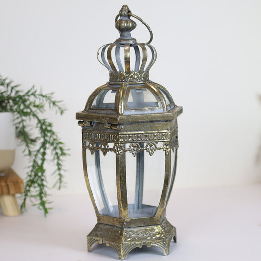 Gold Tealight Vintage Candle Metal Lantern Hexagonal Pillar Glass Antique Style