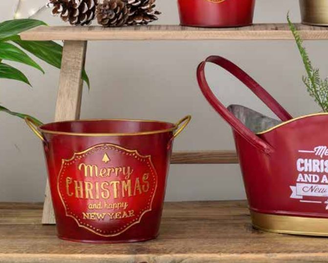 2Pcs 15cm Metal Christmas New Year Red Plant Pot Tin Pail Planter Gold Decor 