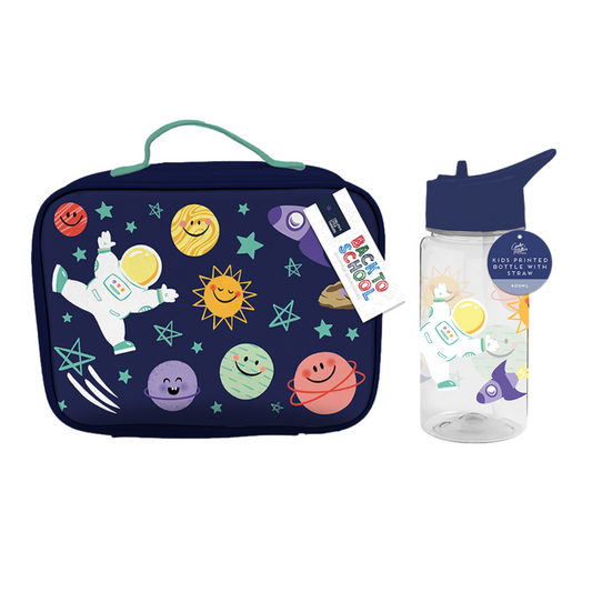 2Pc Space Printed 400ml Water Bottle & Lunch Bag Zip Handle Girls Kids School