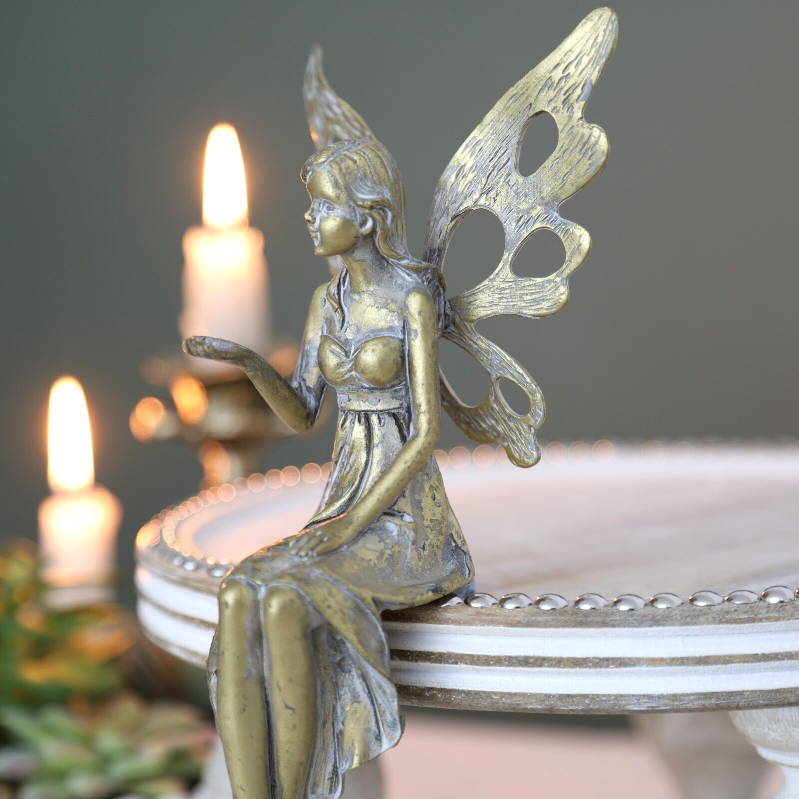 Antique Resin Fairy with Metal Wings Statue Sitting Garden Home Decor Ornament