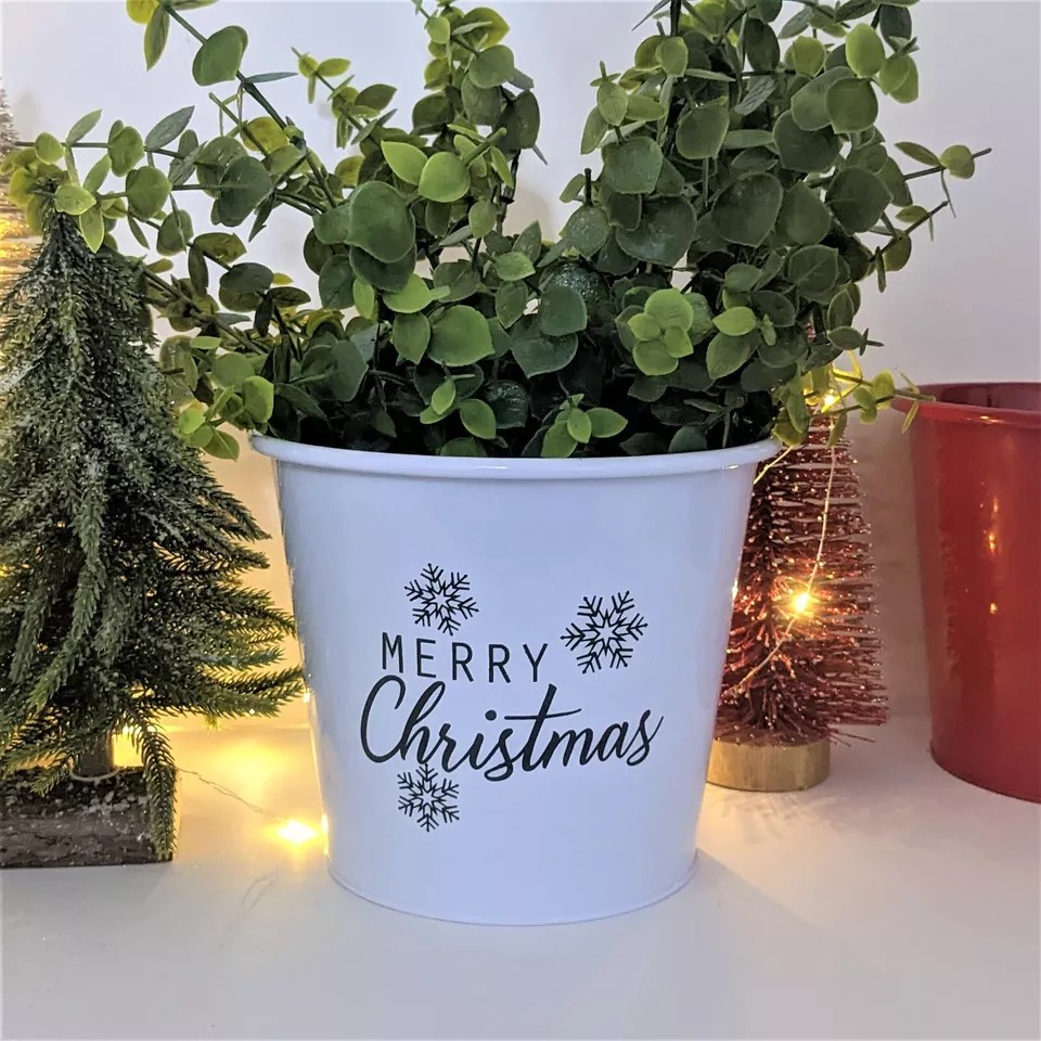 2Pc Metal Merry Christmas White Plant Pot Pail 20cm Planter Xmas SnowFlakes