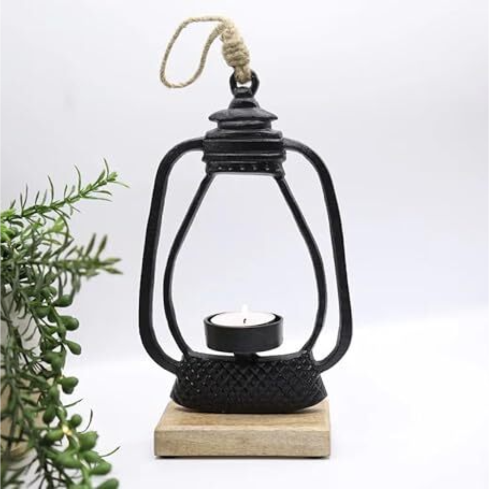 Christmas Black Metal Hanging Lantern Tealight Holder 22cm Tabletop on Wood Base