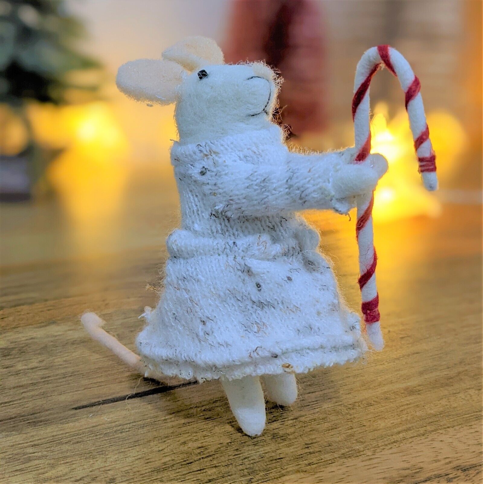 12cm Christmas Mouse with Candy Cane Freestanding Wool Christmas Figurine Decor