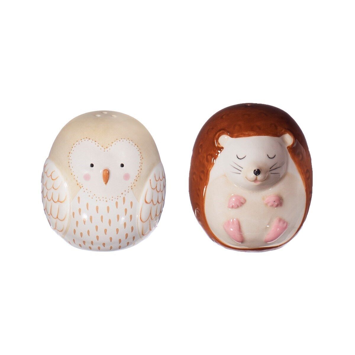 Novelty Ceramic Forest Folk Owl & Hedgehog Salt & Pepper Shaker Set Gift Animals