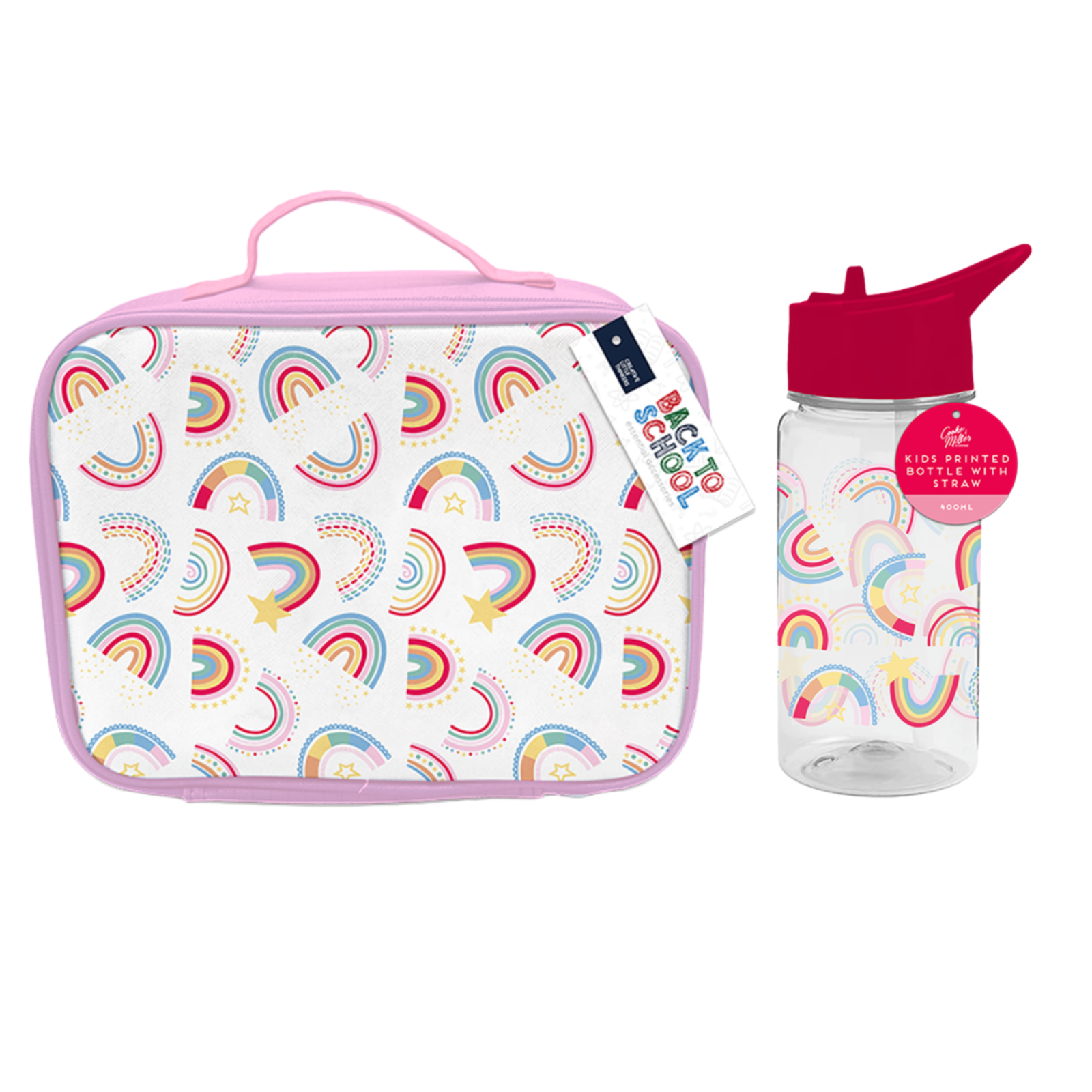 2Pc Rainbow Printed 400ml Water Bottle & Lunch Bag Zip Handle Girls Kids School