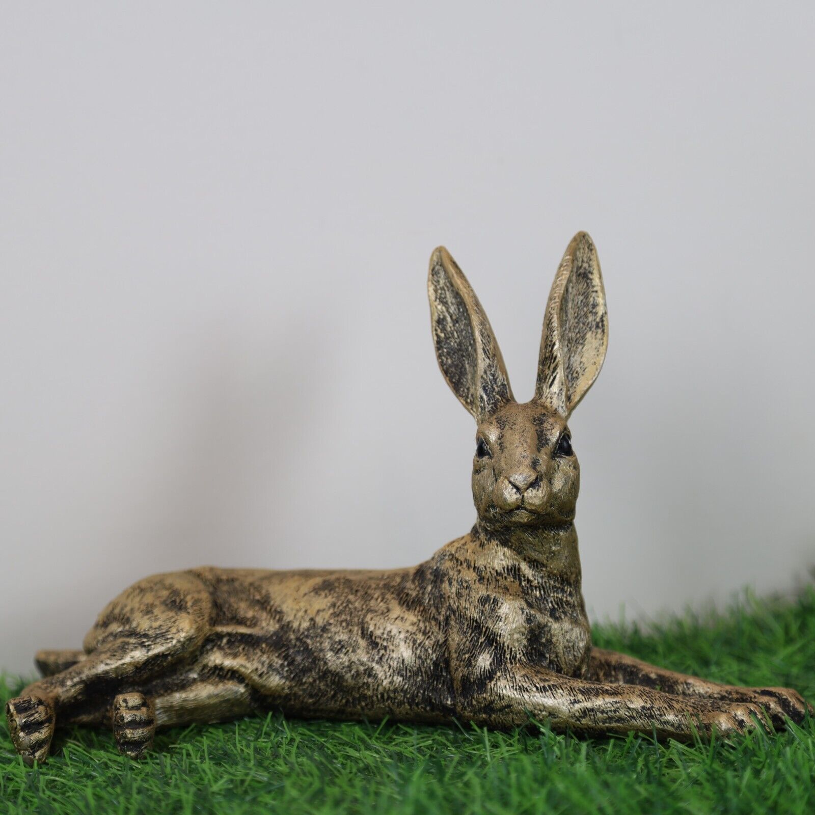 Golden Laying Hare Statue Indoor, Garden Bunny Rabbit Animal Decor Ornament