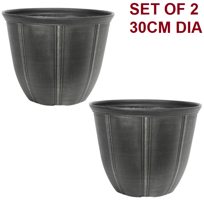 Set of 2 Metallic Grey Plastic Plant Pot 30cm Black11L Round Garden Planter