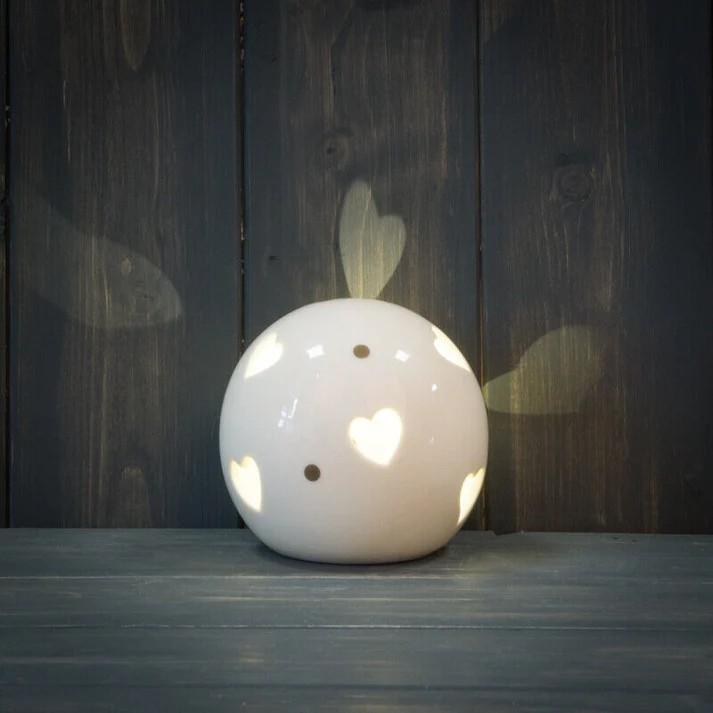 3Pc White Ceramic LED Cut Out Heart Design Warm White Light Up Ball Globe Decor