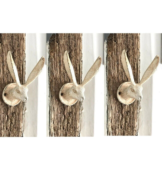 Set of 3 Rustic Hare Bunny Coat Hook Vintage Cream Metal Animal Wall Door Hooks