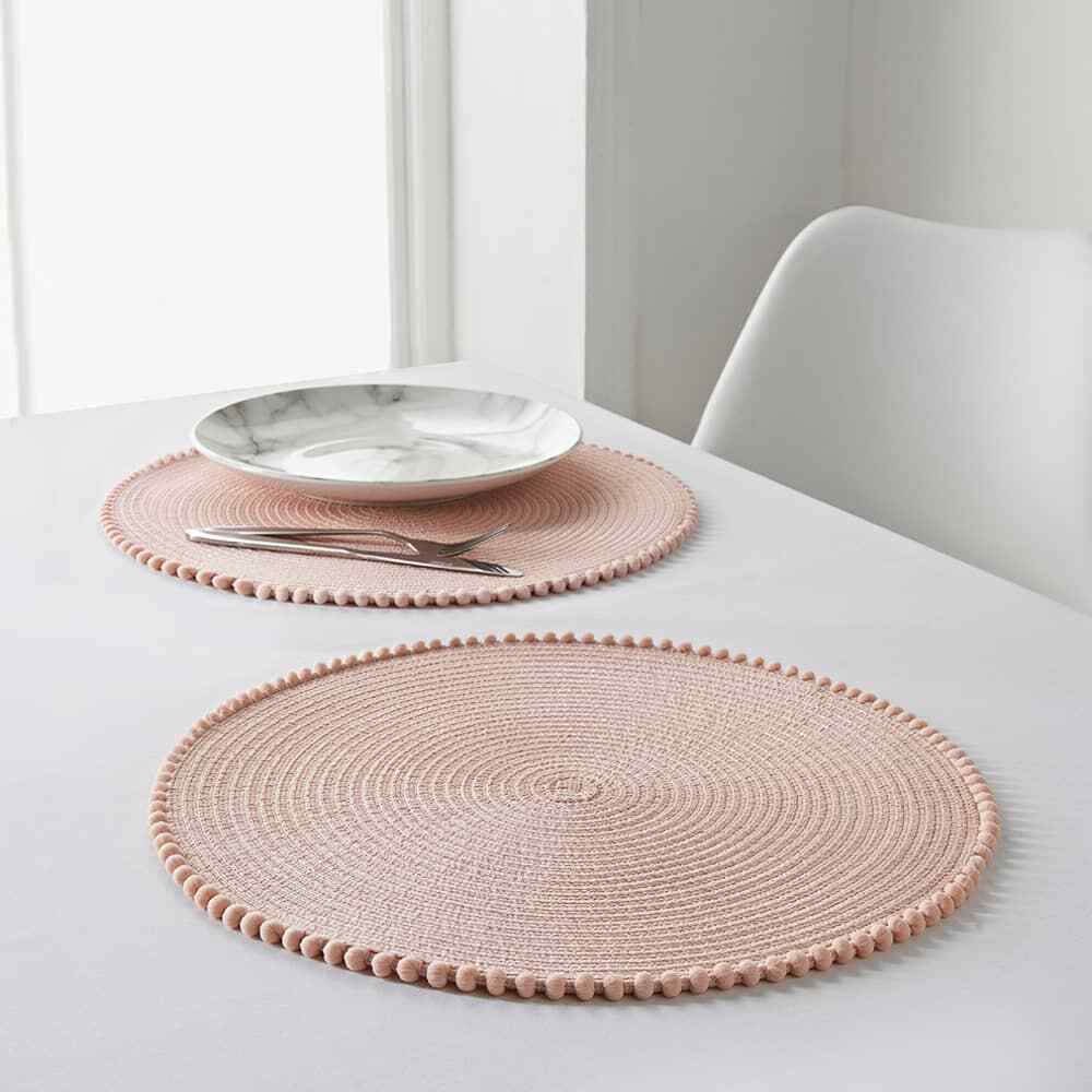 Set Of 4/8 Table Place Mats Blush Pink Grey Ochre Yellow Round Pom Pom Placemats