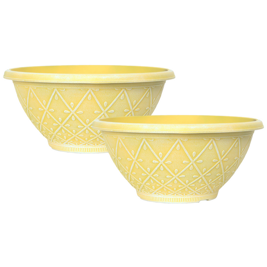 Bowl Planter 2Pc Plastic Prisma 30cm Powdered Sunglow Yellow 6L Garden Plant Pot