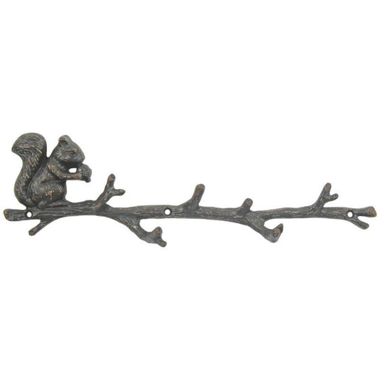 Brown Metal Wall Squirrel on Branch 6 Hooks Coat Key Hanger Rack Vintage 10cm