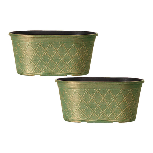 2Pc Oval Plastic Prisma Planters 30cm Festive Green 6L Trough Garden Plant Pots