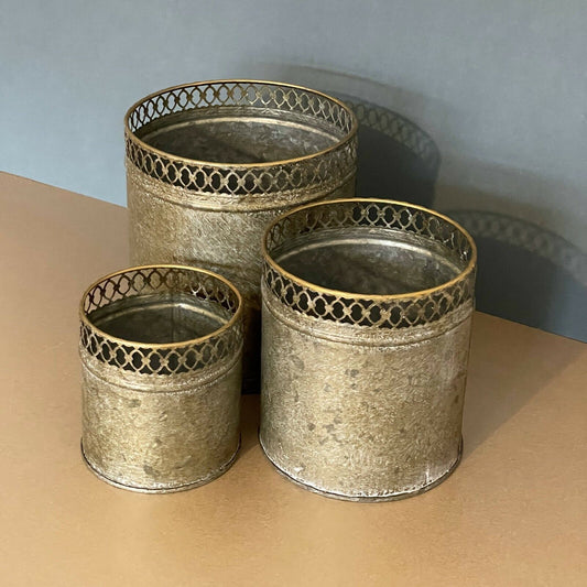 Set of 3 Galvanised Gold Metal Rounds Plant Pots Planters Garden Pots Vases