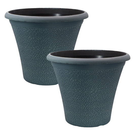 Tall Planter 2Pc Indigo Green Plastic Round 35cm Plant Pot 17L Pot Home Garden 