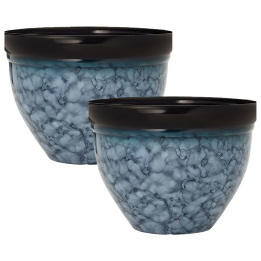 2Pc Round Plastic Petal Blue Plant Pots 23cm Bell Planters Squat 4L Garden Decor