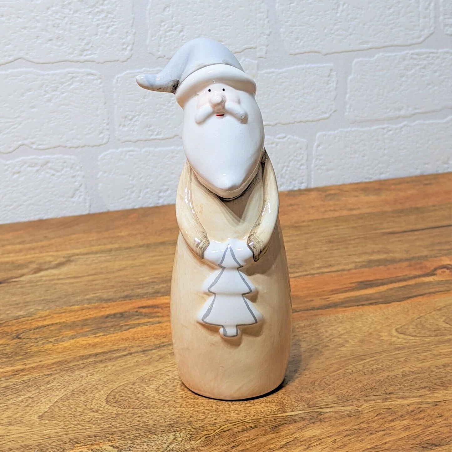 Christmas Santa Beige Ceramic Tall Santa Clause Standing With Christmas Tree 