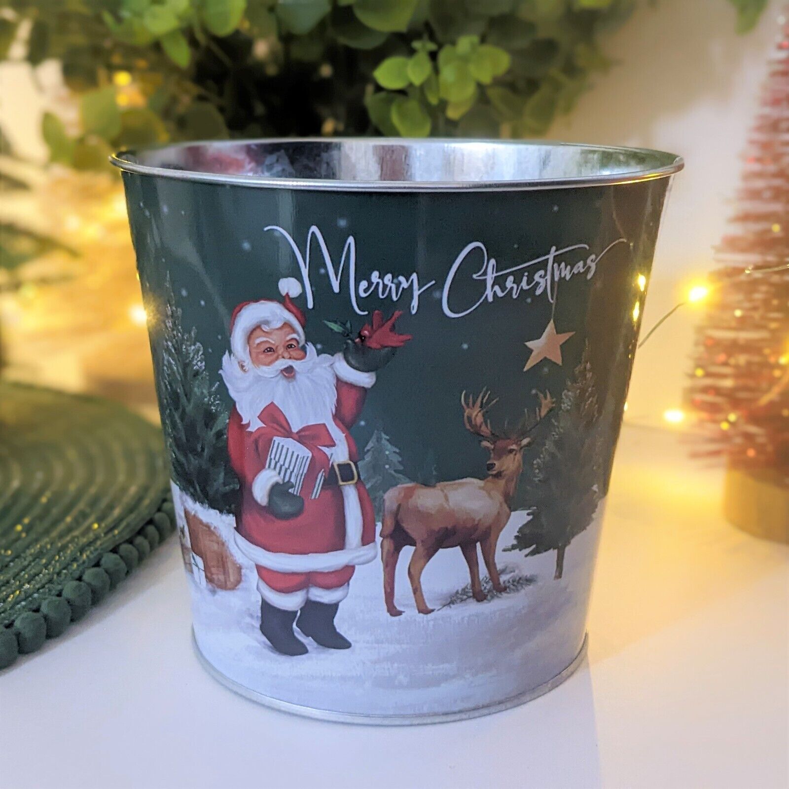 2Pc Metal Christmas Santa Reindeer Green Scene Plant Pot 15cm Tin Pail Planter