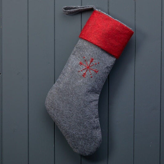 Felt Christmas Stocking Grey Hand Embroidered 42cm Large Kids Candy Storage Xmas