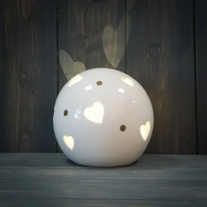 3Pc White Ceramic LED Cut Out Heart Design Warm White Light Up Ball Globe Decor