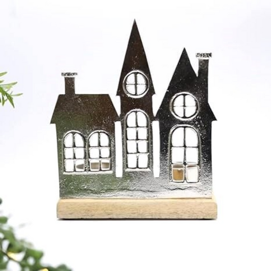 Christmas Aluminium Townscape Village Tealight Holders 16cm Wooden Base Decor