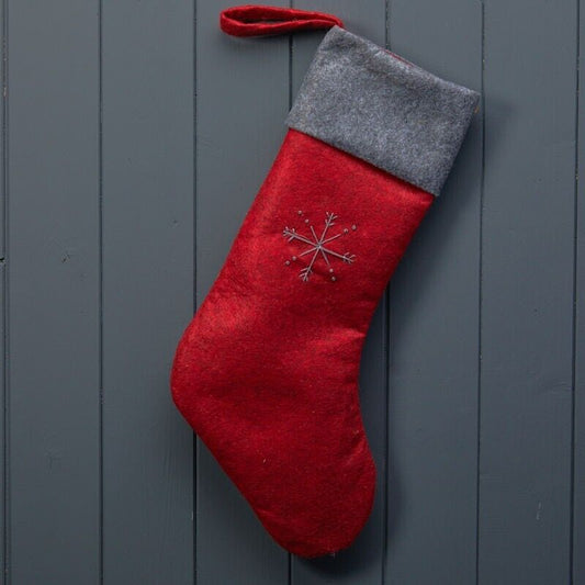 Felt Christmas Stocking Grey Hand Embroidered 42cm Large Kids Candy Storage Xmas