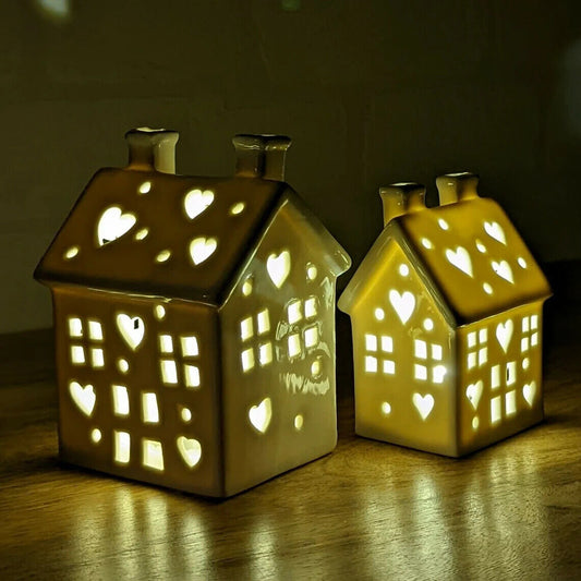 White Ceramic Warm LED Light Up Round House Christmas Freestanding Ornaments