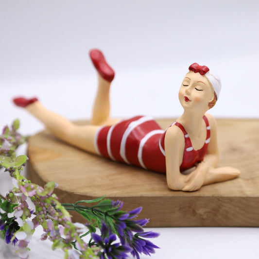 Bathing Lady Ornament Red & White 15cm Seaside Beach Bathroom Gift Freestanding