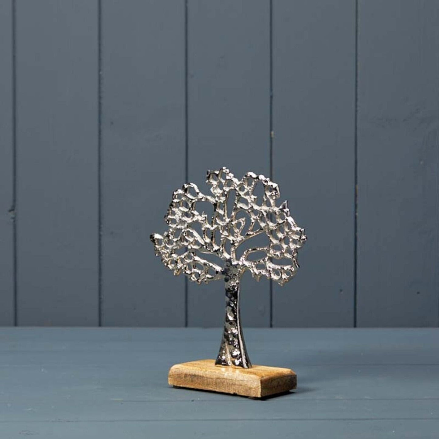 19cm Aluminum Silver Tree of Life Sculpture on Wooden Base Gift Ornament Home