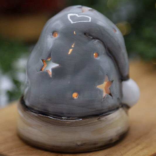 Beige Ceramic Santa Hat Tealight Holder Stars Cut Out Christmas Festive Decor