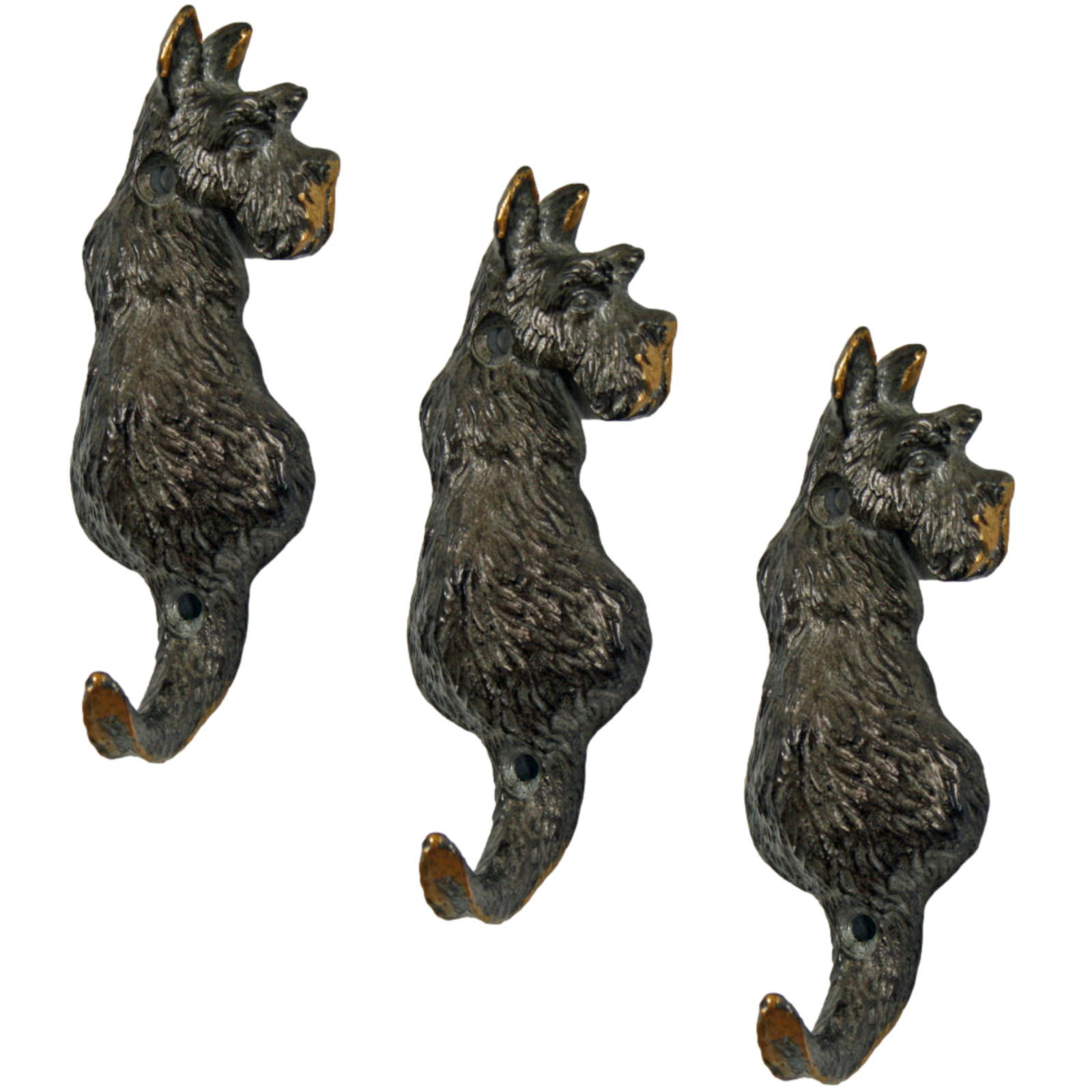 3Pc Cast Iron Rustic Vintage Scottie Dog Tail Hook Leads Coat Keys Wall Hanger