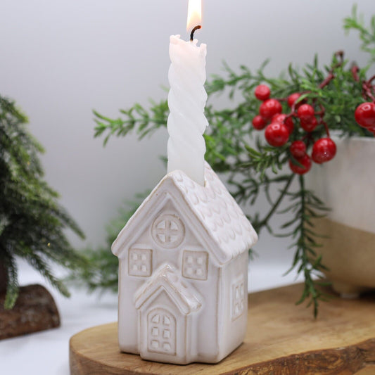 Beige Ceramic Candle Holder Country House Village Scene 9.5cm Ornament Decor