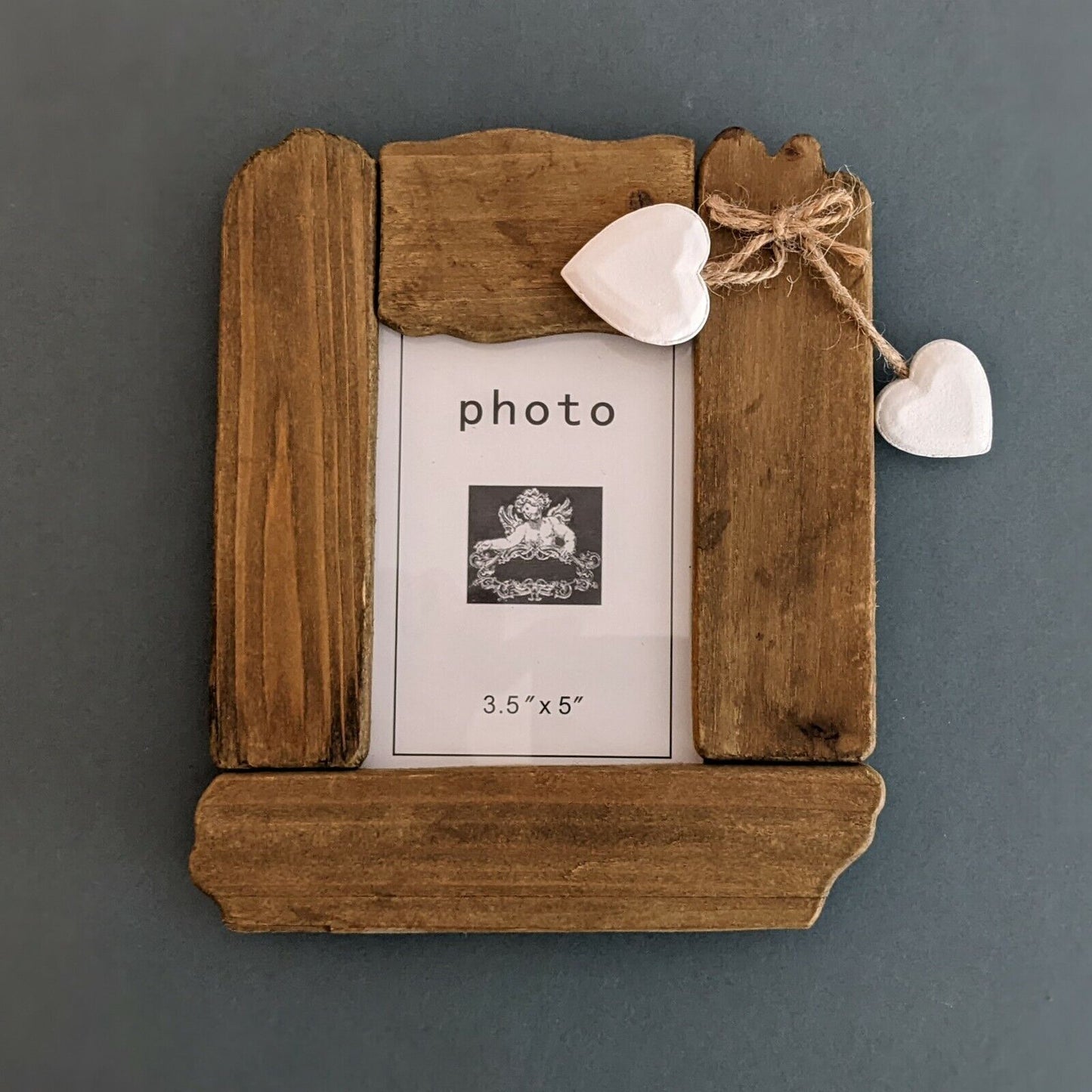 Photo Frame Wooden Driftwood With White Hanging Hearts Chabby Chic Display Frame