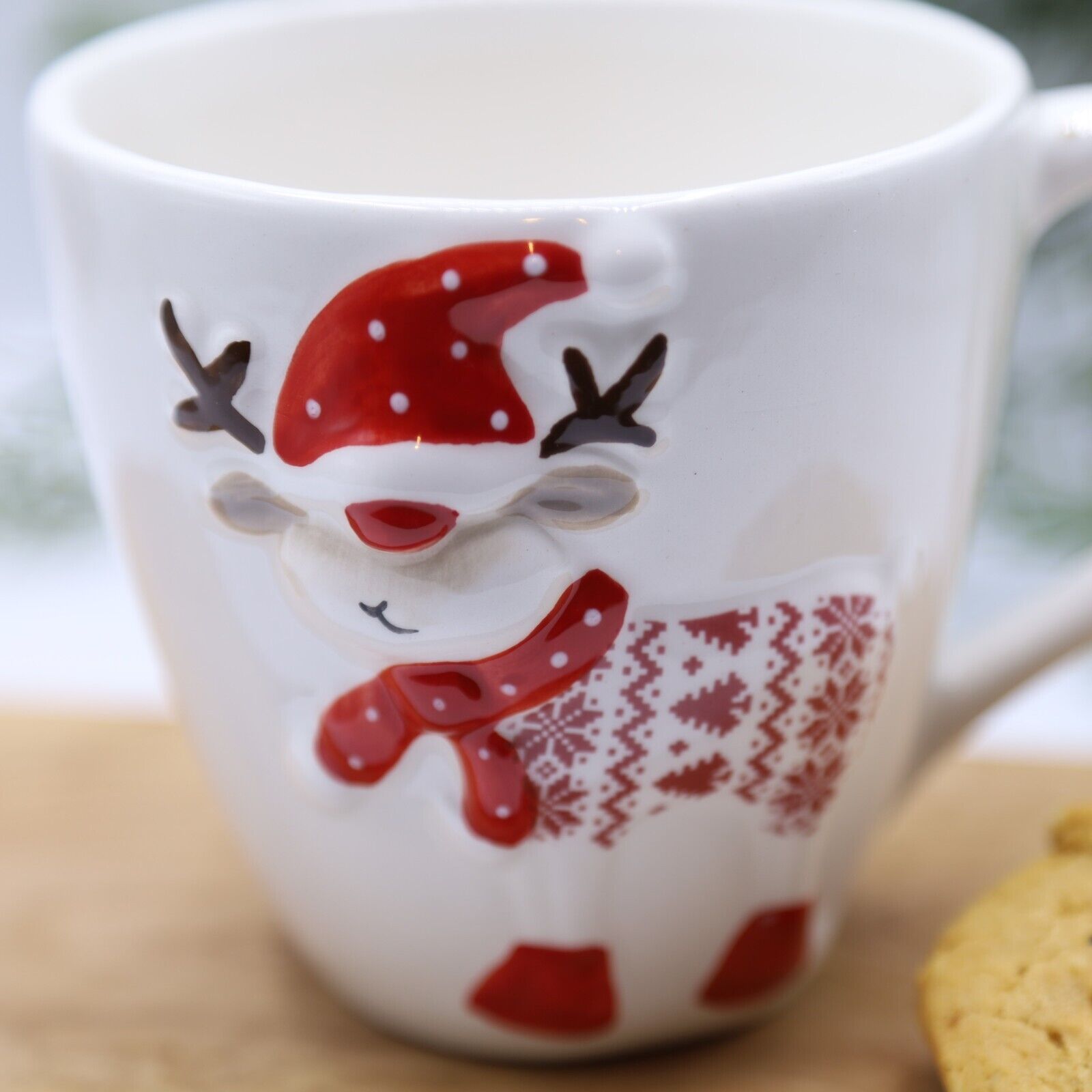 Red & White Reindeer Mug 300ml Coffee Tea Cup Christmas Table Novelty Gift Deocr