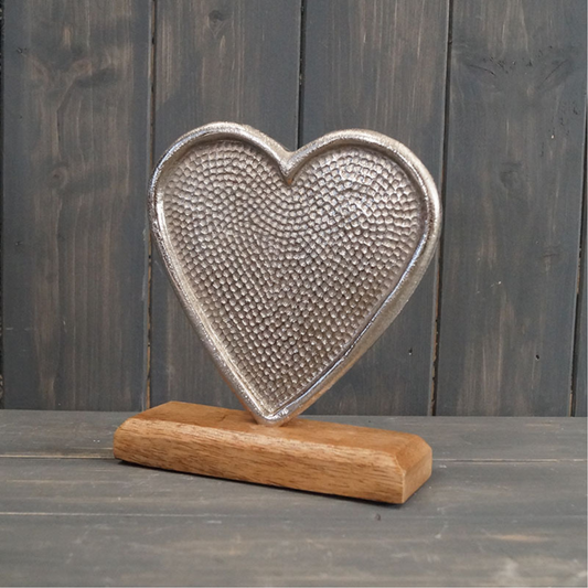 17cm Aluminium Hammered Heart on Wooden Plinth Home Decor Ornament Figurine