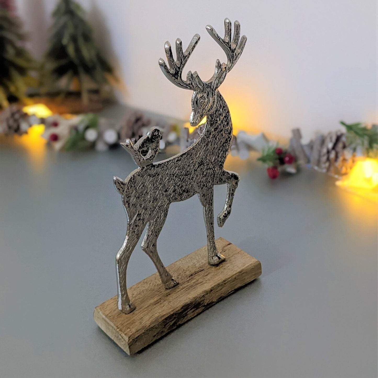 22cm Silver Metal Deer Antler Bird Scene Home Decor Ornament Figurine On Wood