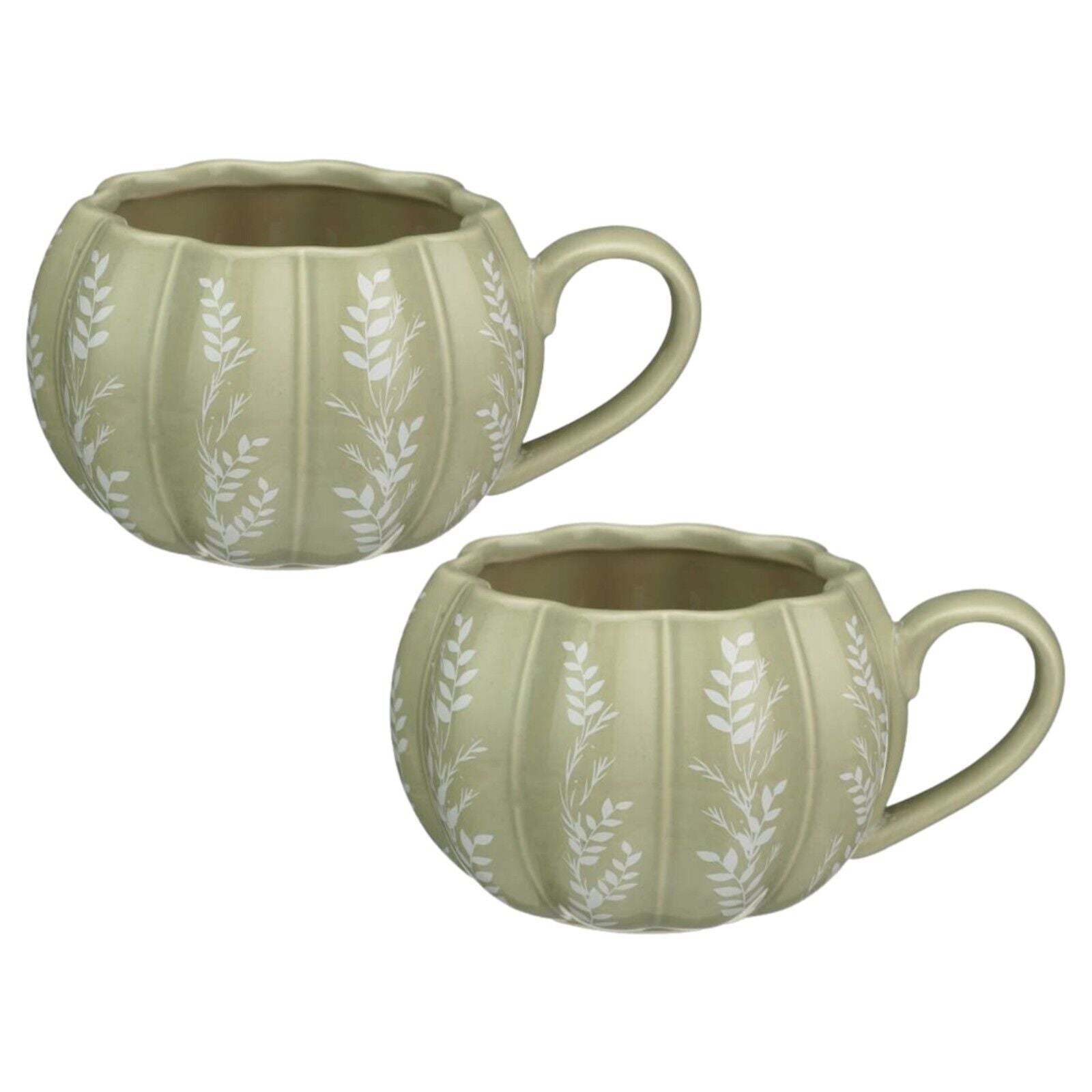 2Pc Green Ceramic Pumpkin Mug with Leaf Decal Autumn Round Tea Coffee Mug Gift