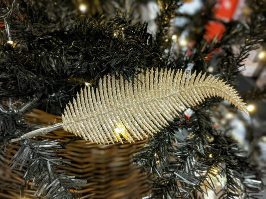 Gold Christmas Tree Decoration Clip on Feather Glittery Baubles Ornament