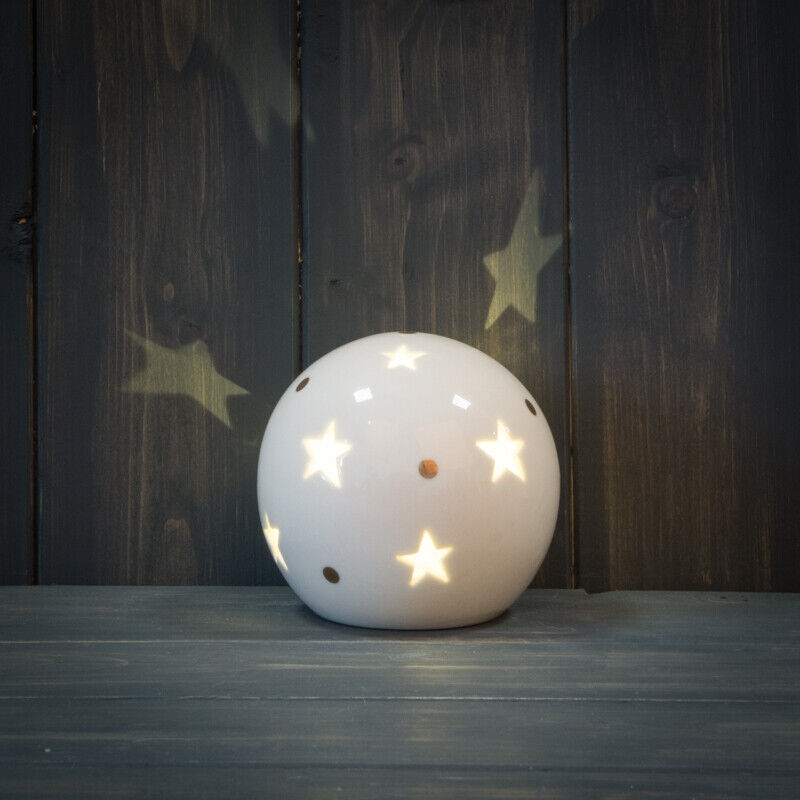 White Ceramic LED Cut Out Star Design Warm White Light Up Ball Globe Decor