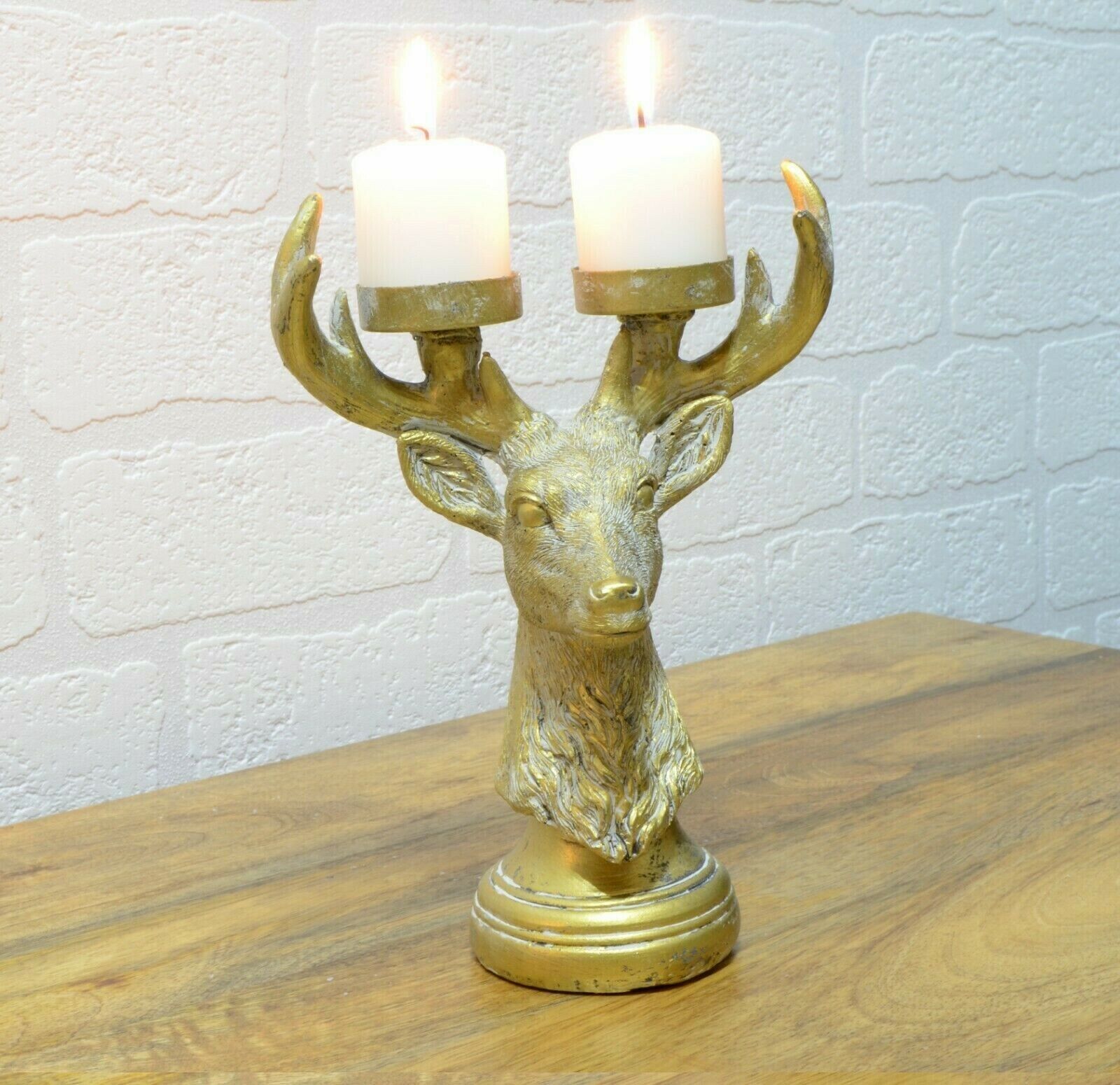 Gold Stag Head 2 Votive Candle Holders Bust Deer Antler Tea Light Holder