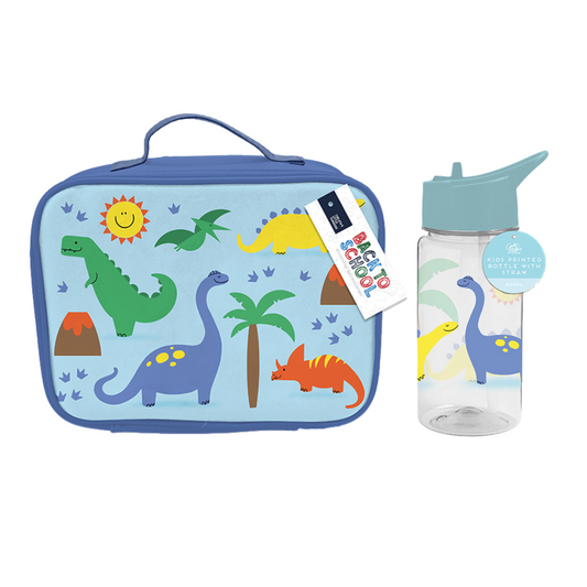 2Pc Dino Printed 400ml Water Bottle & Lunch Bag Zip Handle Girls Kids School