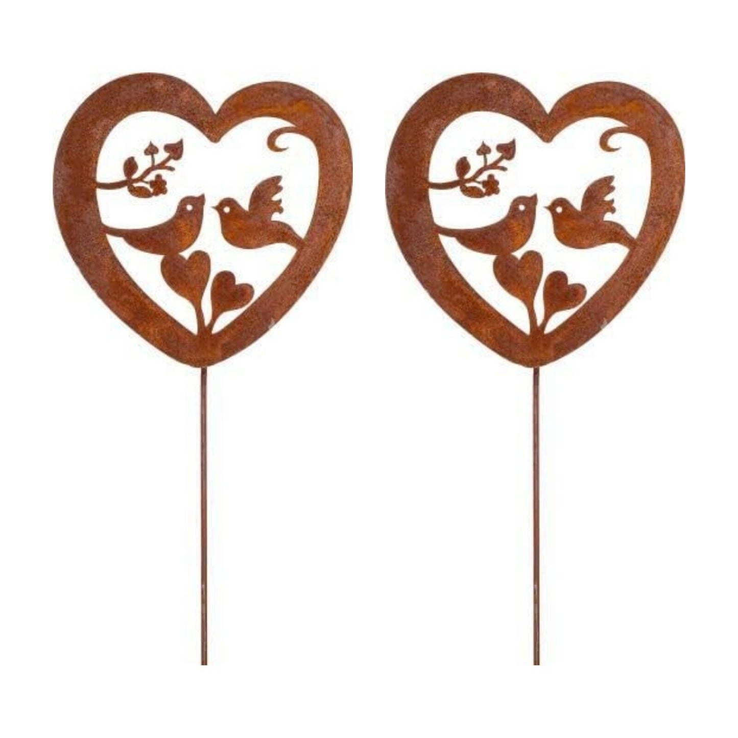 2Pc Outdoor Rustic Rusty Metal Spike Love Bird Garden Plaque Silhouette Ornament