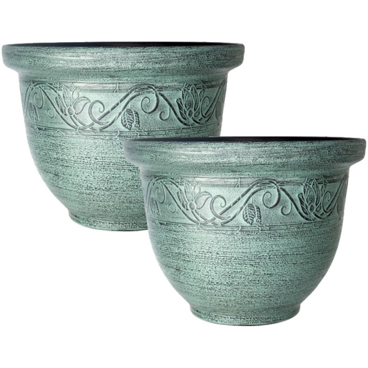 Set of 2 Round 30cm Garden Plant Pot Green Turquoise Flower Outdoor Bell Planter