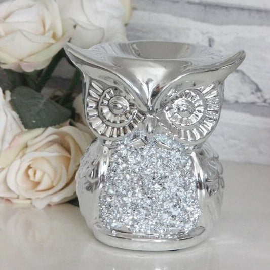 Silver Sparkle Glitter Owl Oil Burner Wax Tealight Candle Perfume Free Gift