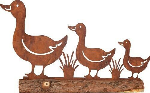 Silhouette Rustic Metal Duck Ducklings Garden Wood Base Fence Topper Ornament