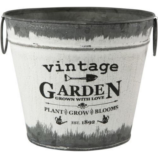 Vintage Garden Metal Tin Pail 20cm Plant Pot Handles Grey Planter Decor