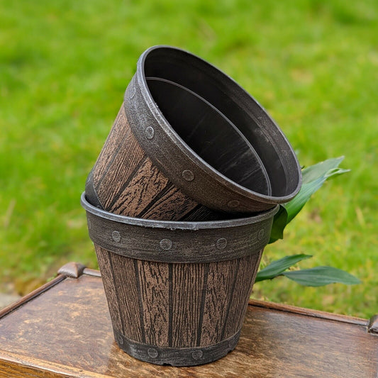 Set of 2 Round Barrel Planter Brown Chestnut 20cm Plastic Pot 3L Outdoor Tub