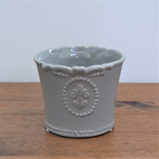 13cm Vintage Grey Ceramic Plant Pot Fleur De Lis Indoor Planter Cover Jar